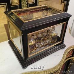 Cave à liqueur vitrée noire et bronze d'époque Napoléon III cristal doré Ok