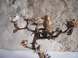 Chandelier 2 Bougeoirs, Oiseaux Perches Et Fleurs Bronze, Porcelaine