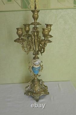 Chandelier Bougeoir Bronze Doré et Porcelaine Napoléon III XIX ème 4 Branches