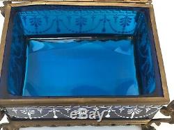 Coffret Napoleon III 19eme En Bronze Emaille Verre A Facette Fond Bleu C2292
