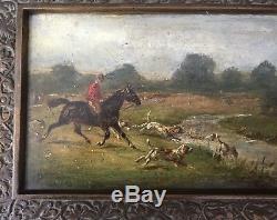 Coffret peint, scène de chasse à courre, poules, taureau, bronze et bois