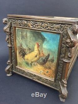 Coffret peint, scène de chasse à courre, poules, taureau, bronze et bois