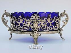 Coupe Napoléon III centre de table verre bleu moulé pied bronze argenté chérubin