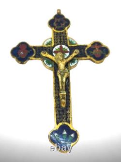 Croix Ancienne en Bronze Doré et Émaux Christ en Relief Napoléon III