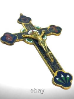 Croix Ancienne en Bronze Doré et Émaux Christ en Relief Napoléon III