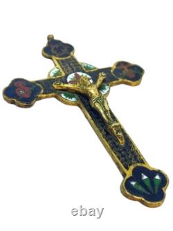 Croix Ancienne en Bronze Doré et Émaux Christ en Relief Napoléon III
