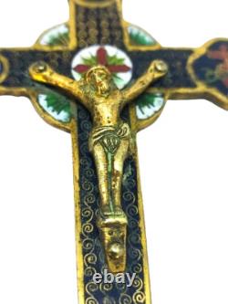 Croix Ancienne en Bronze Doré et Émaux Christ en Relief Napoléon III