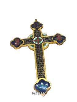 Croix Ancienne en Bronze Doré et Émaux Christ en Relief Napoléon III