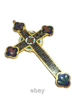 Croix Ancienne en Bronze Doré et Émaux Christ en Relief Napoléon III