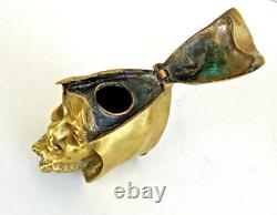 Curieux ENCRIER Tête de Diable Encapuchonnée en Bronze Doré XIXème Siècle