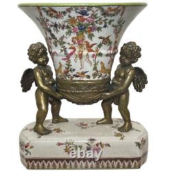 Décoratif Napoléon III Style Bronze Porcelaine Double Chérubins Centre Vase