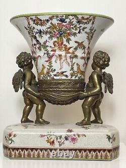 Décoratif Napoléon III Style Bronze Porcelaine Double Chérubins Centre Vase