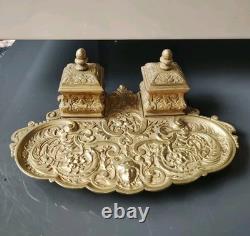 Double Encrier En Bronze à patine dorée Époque Napoléon III, XIXème, 22,5x15cm