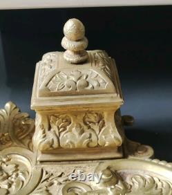 Double Encrier En Bronze à patine dorée Époque Napoléon III, XIXème, 22,5x15cm
