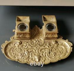 Double Encrier En Bronze à patine dorée Époque Napoléon III, XIXème, 22,5x15cm