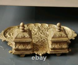 Double Encrier En Bronze à patine dorée Époque Napoléon III, XIXème, 22,5x15cm