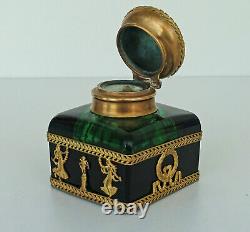 ENCRIER Cristal Vert Emeraude & Bronze Décor Antique Epoque Empire Napoléon III