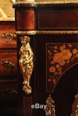 Encoignure meuble bas d'angle décor marqueté ornements bronze Napoléon 3