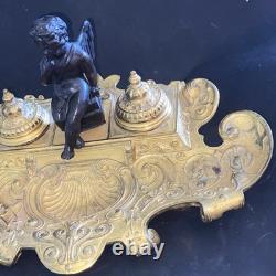 Encrier Louis XV bronze doré chérubin angelot Napoléon III inkwell XIXème
