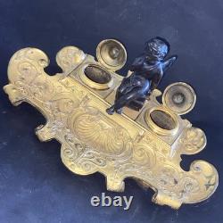 Encrier Louis XV bronze doré chérubin angelot Napoléon III inkwell XIXème