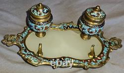 Encrier Napoléon III / fin XIXème Bronze, émail cloisonné polychrome & albâtre