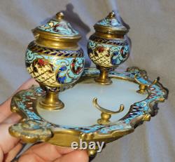Encrier Napoléon III / fin XIXème Bronze, émail cloisonné polychrome & albâtre