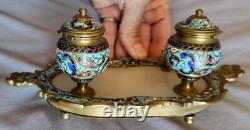 Encrier Napoléon III / fin XIXème Bronze, émail cloisonné polychrome & albâtre