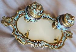 Encrier Napoléon III / fin XIXème Bronze, émail cloisonné polychrome & albâtre