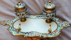 Encrier Napoléon III / fin XIXème Bronze, émail cloisonné polychrome & albâtre