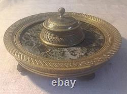 Encrier Rond En Marbre Vert Et Bronze Complet De Style Nap III Complet