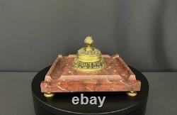 Encrier ancien en marbre rouge et bronze doré fin XIXe siècle