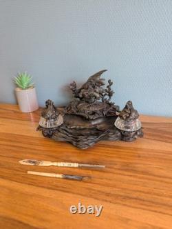 Encrier bronze animalier bécasse et poissons XIXe cristal Napoléon III
