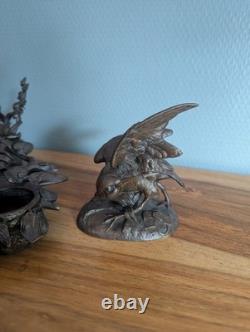 Encrier bronze animalier bécasse et poissons XIXe cristal Napoléon III