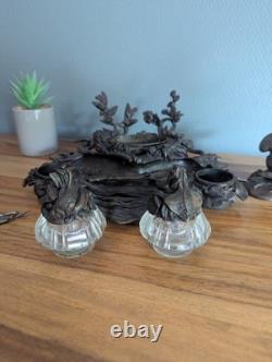 Encrier bronze animalier bécasse et poissons XIXe cristal Napoléon III