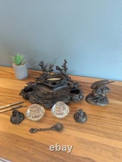Encrier bronze animalier bécasse et poissons XIXe cristal Napoléon III