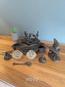 Encrier bronze animalier bécasse et poissons XIXe cristal Napoléon III