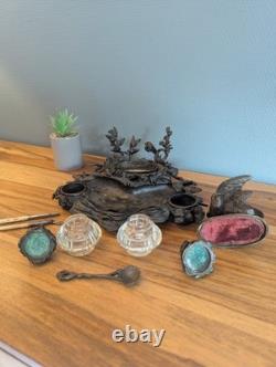 Encrier bronze animalier bécasse et poissons XIXe cristal Napoléon III