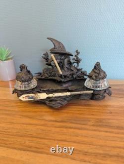 Encrier bronze animalier bécasse et poissons XIXe cristal Napoléon III