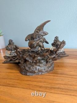 Encrier bronze animalier bécasse et poissons XIXe cristal Napoléon III