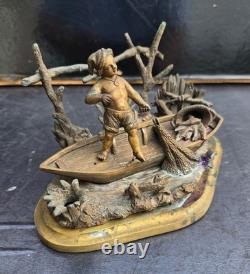 Encrier forme barque bronze napolitain grand tour 19eme inkwell gilt pyrogene