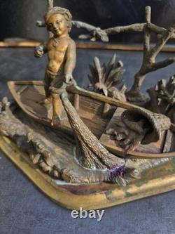 Encrier forme barque bronze napolitain grand tour 19eme inkwell gilt pyrogene