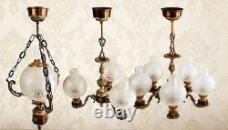 Ensemble 3 Lustres Style Napoléon III Bronze Laiton Globes Verre Depoli