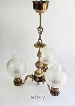 Ensemble 3 Lustres Style Napoléon III Bronze Laiton Globes Verre Depoli