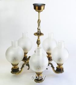 Ensemble 3 Lustres Style Napoléon III Bronze Laiton Globes Verre Depoli