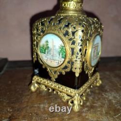 Flacon à odeur ou parfum Napoleon III bronze doré cristal rubis peinture Paris