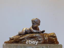 France Presse-papier/sculpture Enfant sur une meule de foin Bronze 1870