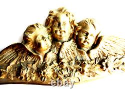 Fronton Napoléon III, décoration en bronze doré, 3 angelots, guirlande de fleurs