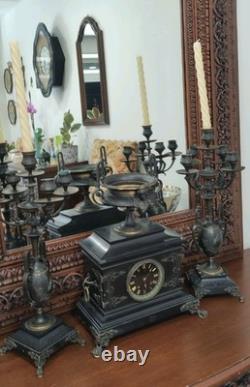 Garniture de Cheminée Bronze Napoléon III Pendule et Candélabres Hirondelles