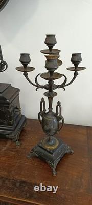 Garniture de Cheminée Bronze Napoléon III Pendule et Candélabres Hirondelles
