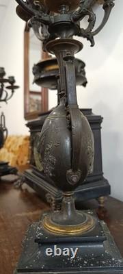 Garniture de Cheminée Bronze Napoléon III Pendule et Candélabres Hirondelles